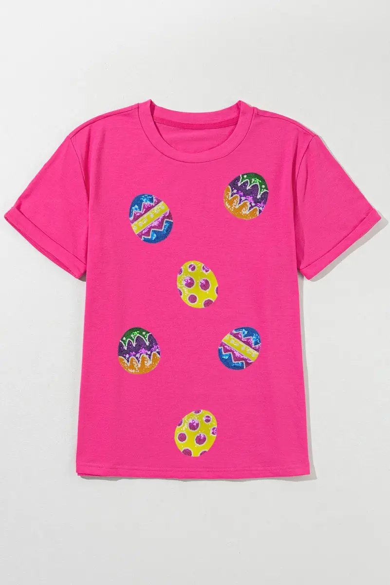 Rose Red Easter Eggs Patched Crew Neck Graphic Tee for Spring - Love Salve
